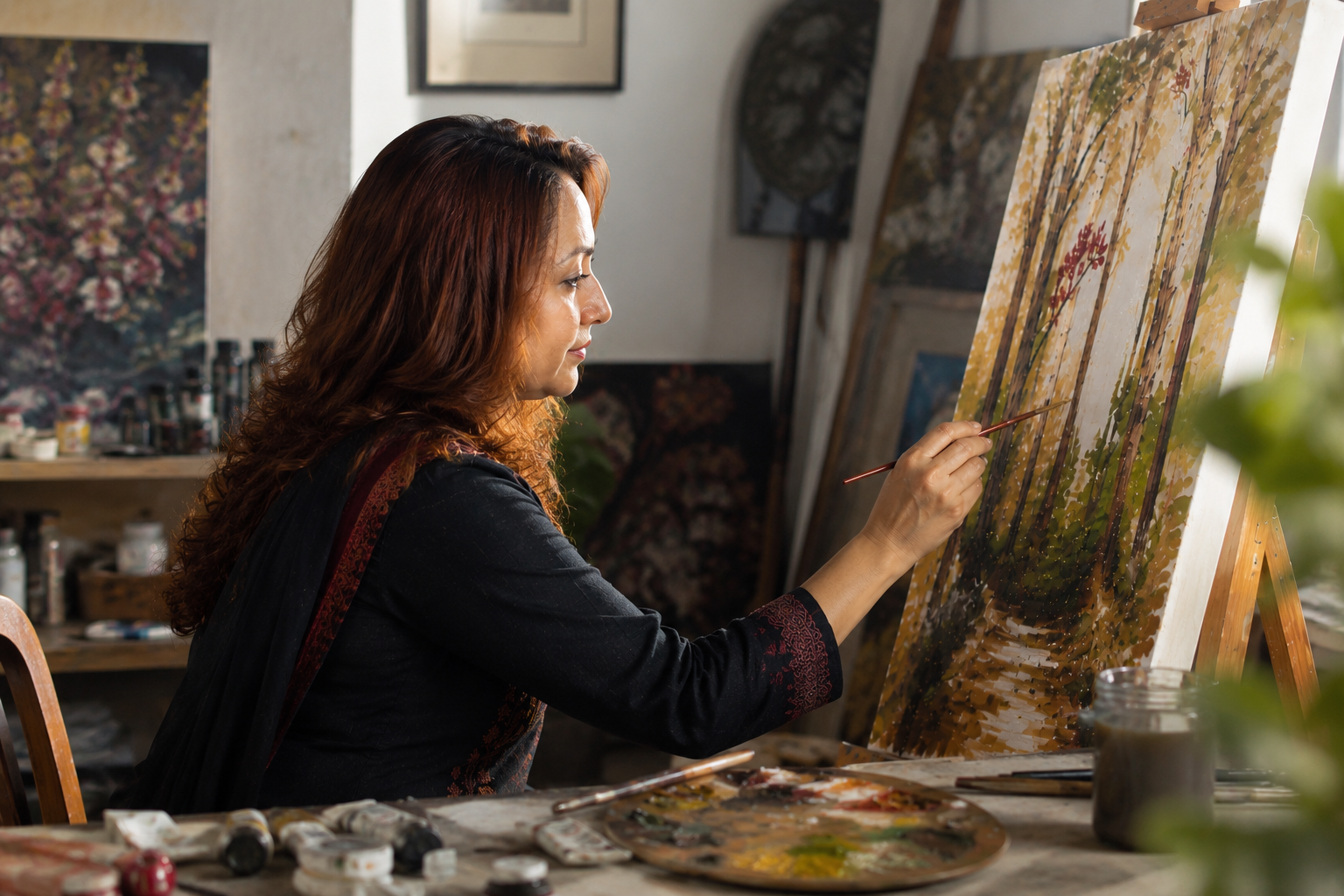 Artist Shruti Soni working on a canvas in her studio